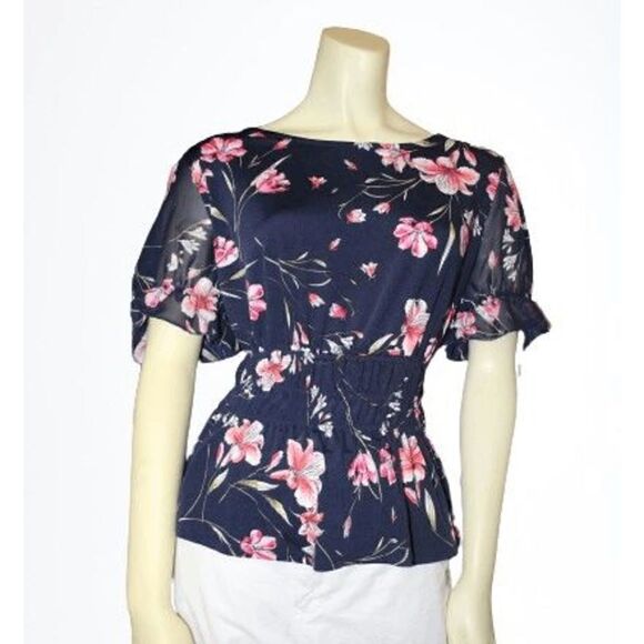 Ivy Ridge Blue Floral Sheer Short Sleeve Top - Picture 1 of 10